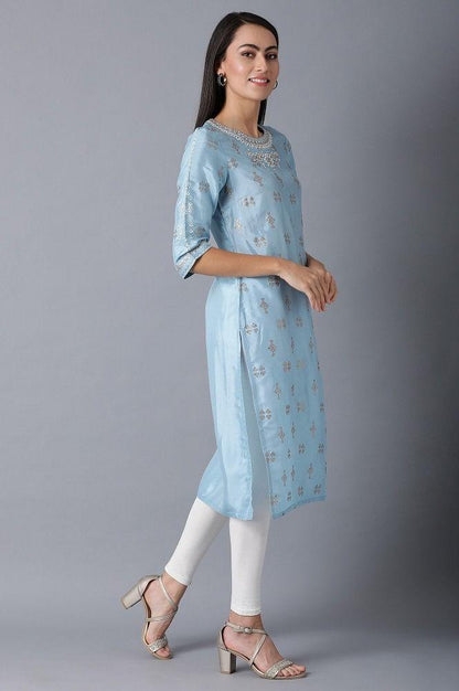Blue Round Neck Glitter Print kurta - wforwoman