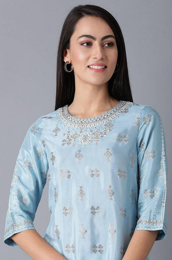 Blue Round Neck Glitter Print kurta