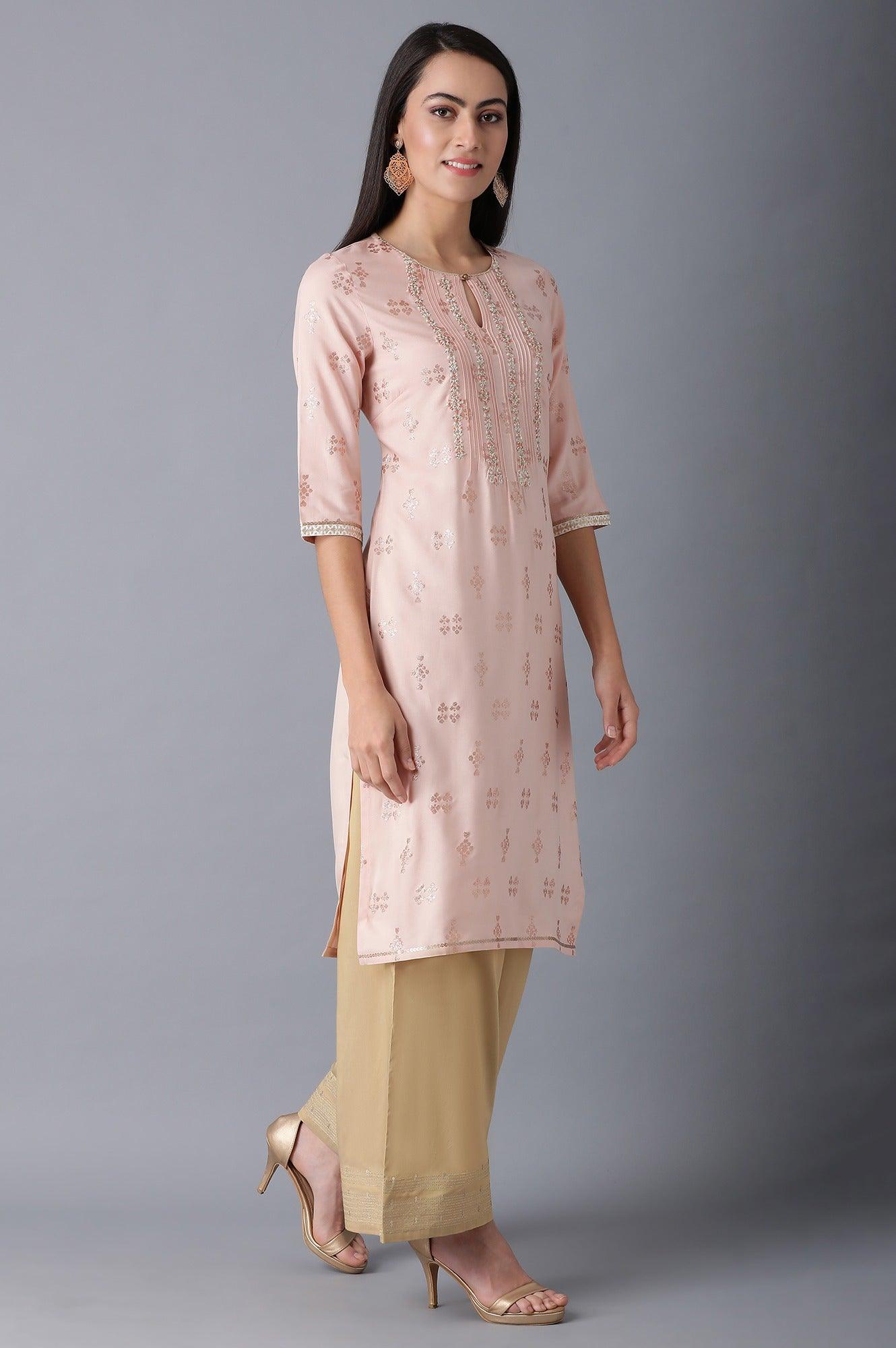 Peach Round Neck Embroidered kurta - wforwoman