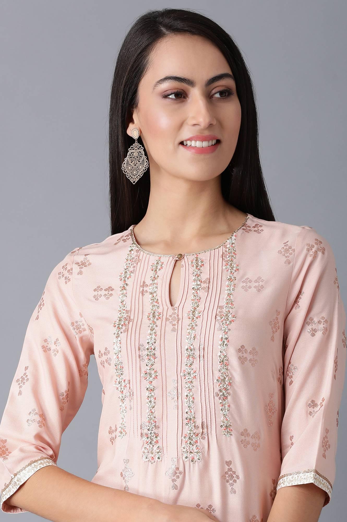 Peach Round Neck Embroidered kurta - wforwoman