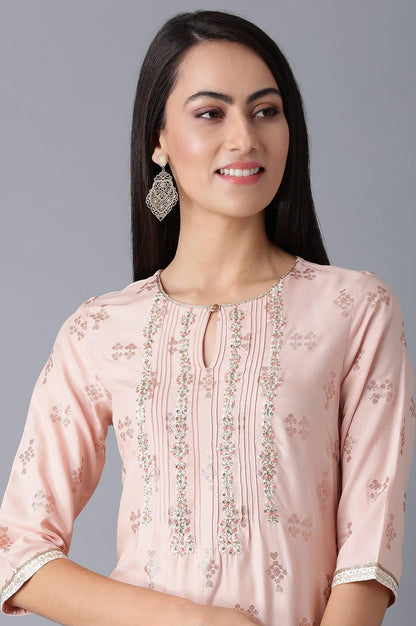 Peach Round Neck Embroidered kurta - wforwoman