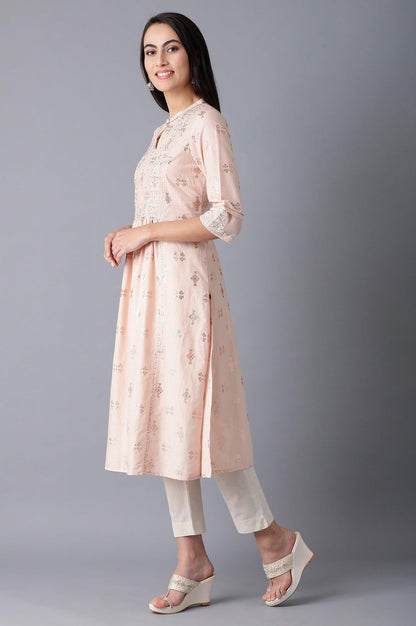 Peach Mandarin Neck Gathered kurta - wforwoman