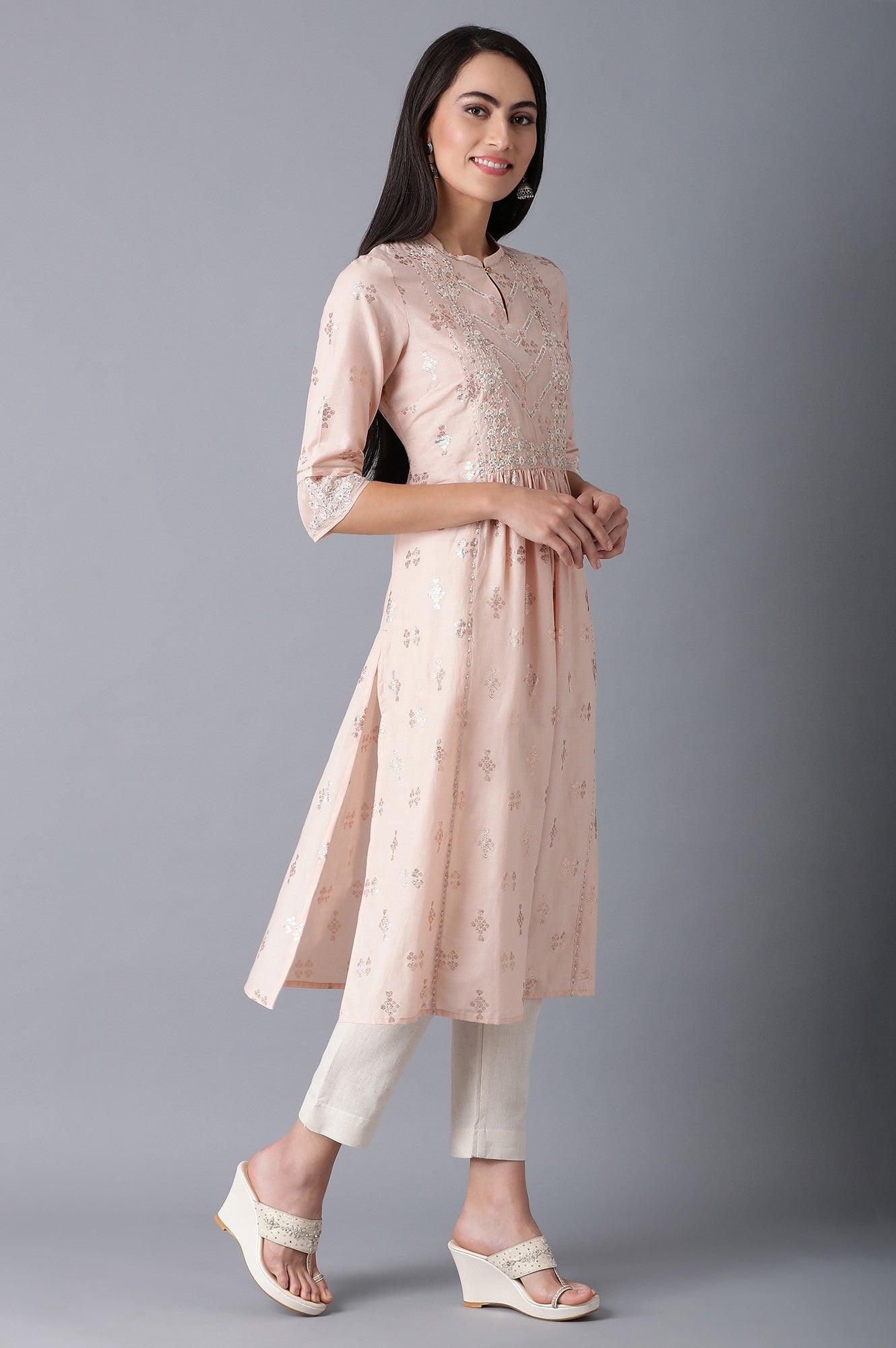 Peach Mandarin Neck Gathered kurta - wforwoman