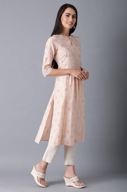 Peach Mandarin Neck Gathered kurta - wforwoman