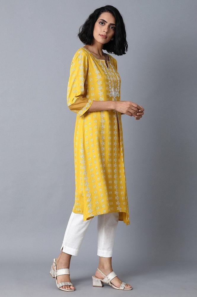 Mustard Yellow Printed Straight kurta - wforwoman