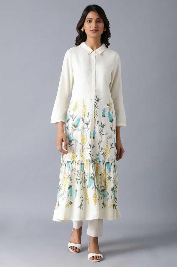 Ecru Floral Print Tiered Dress