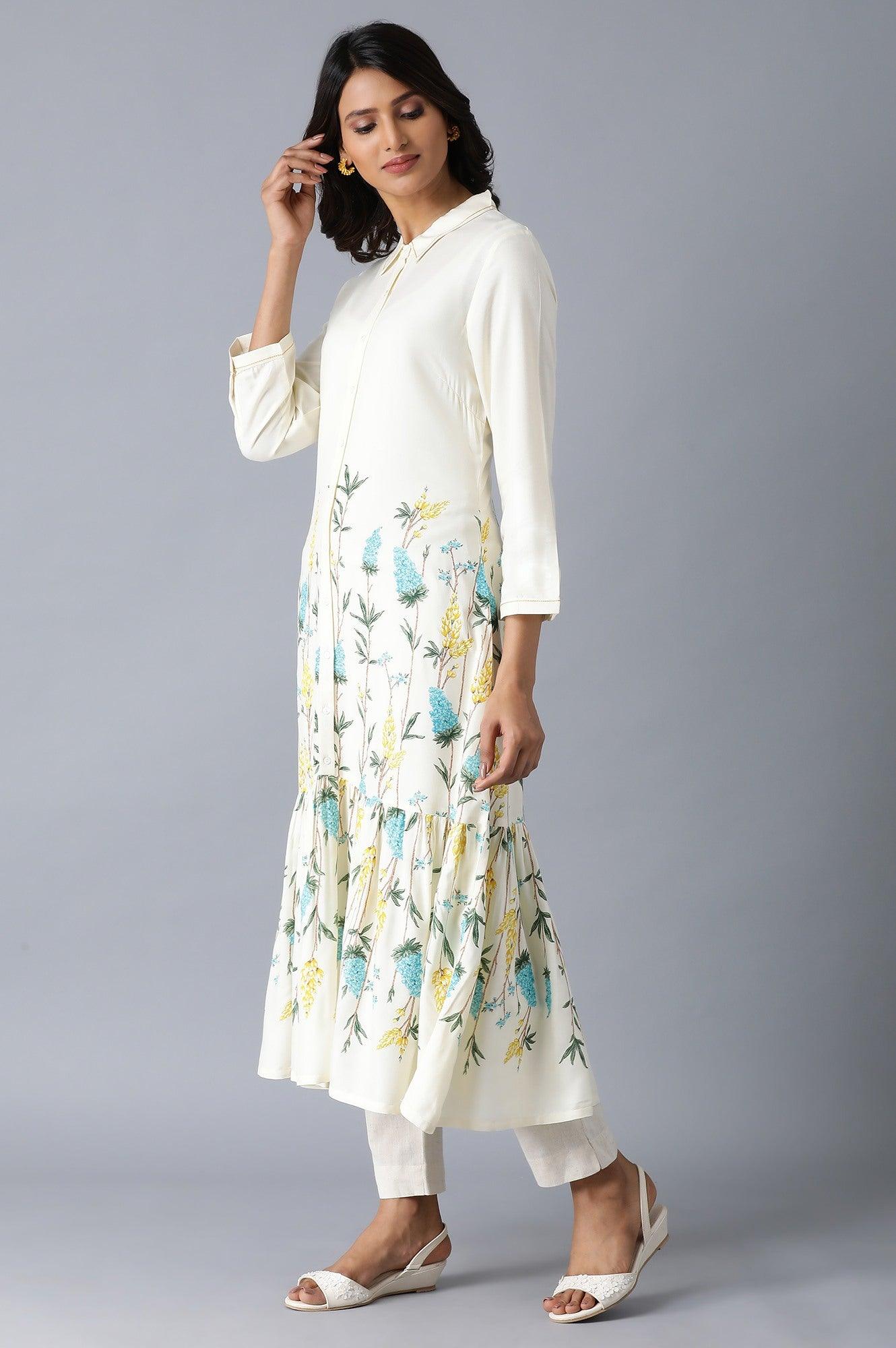 Ecru Floral Print Tiered Dress - wforwoman