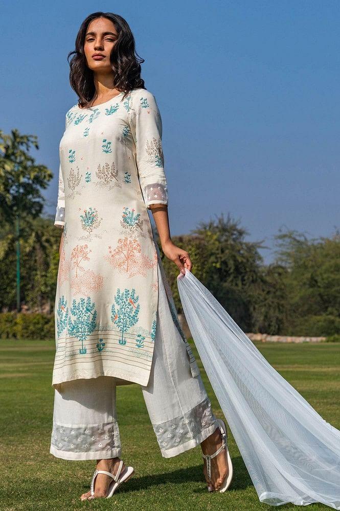 Ecru Placement Print kurta - wforwoman