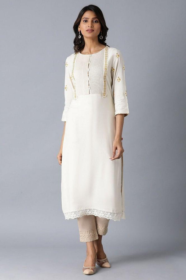 Ecru Embroidered A-Line kurta