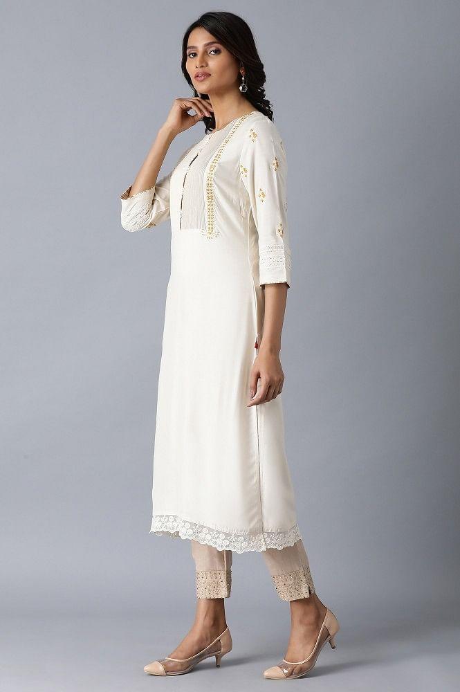 Ecru Embroidered A-Line kurta - wforwoman