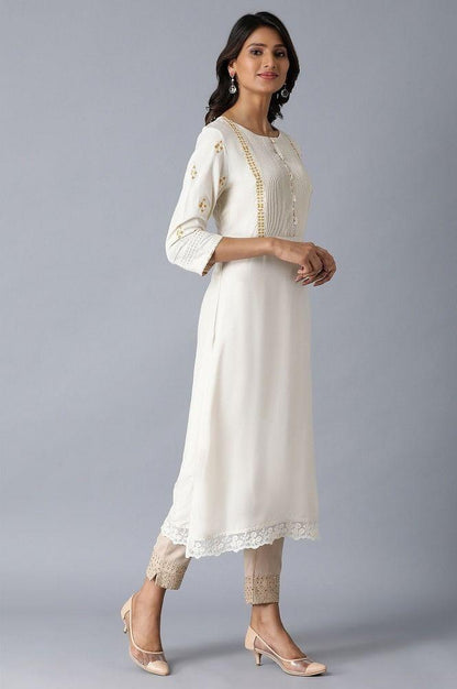 Ecru Embroidered A-Line kurta - wforwoman