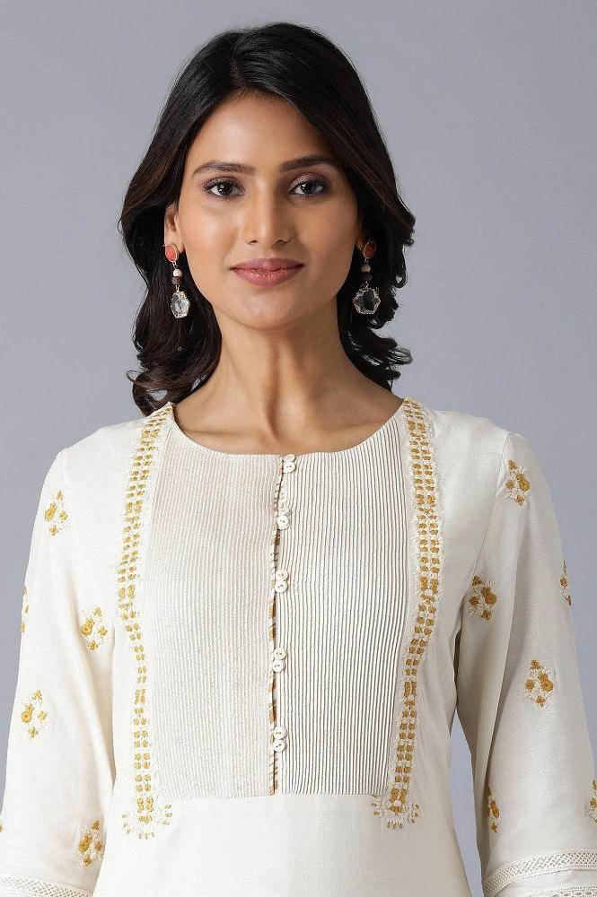 Ecru Embroidered A-Line kurta - wforwoman