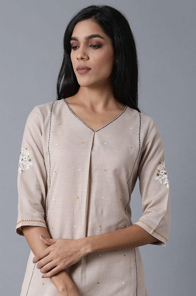 Beige Khadhi V-Neck kurta - wforwoman