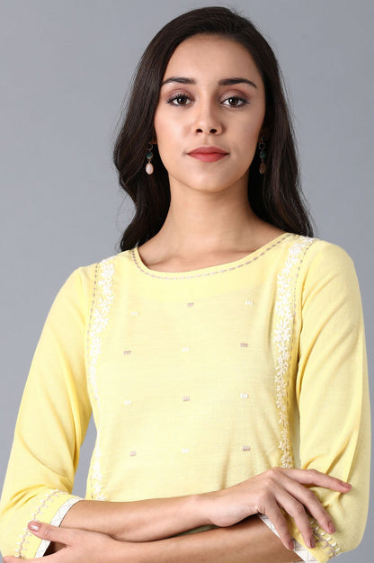 Light Yellow Solid Thread Embroidered Pure Cotton A-Line Kurta and Straight Pant Set