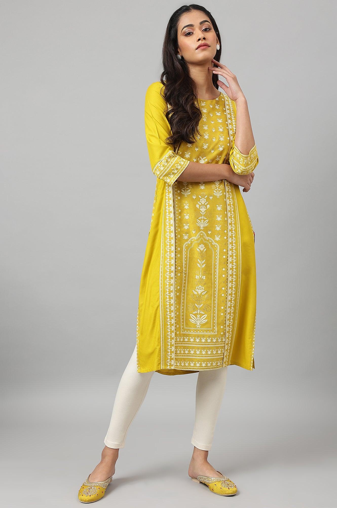 Mustard Yellow Placement kurta - wforwoman