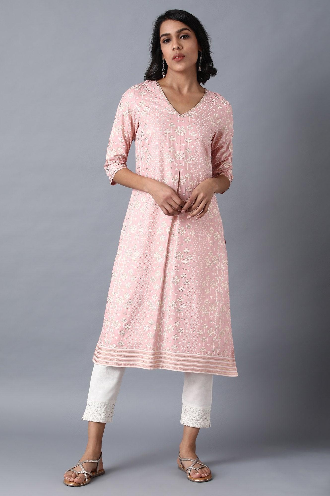 Pink V-Neck Printed Livaeco kurta - wforwoman