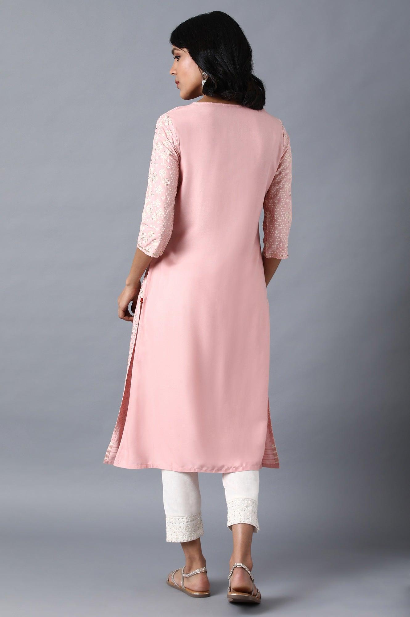 Pink V-Neck Printed Livaeco kurta - wforwoman