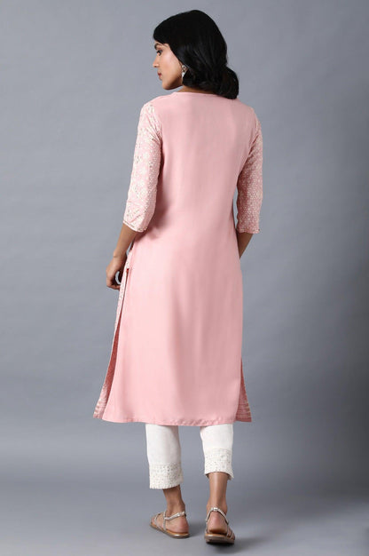 Pink V-Neck Printed Livaeco kurta - wforwoman