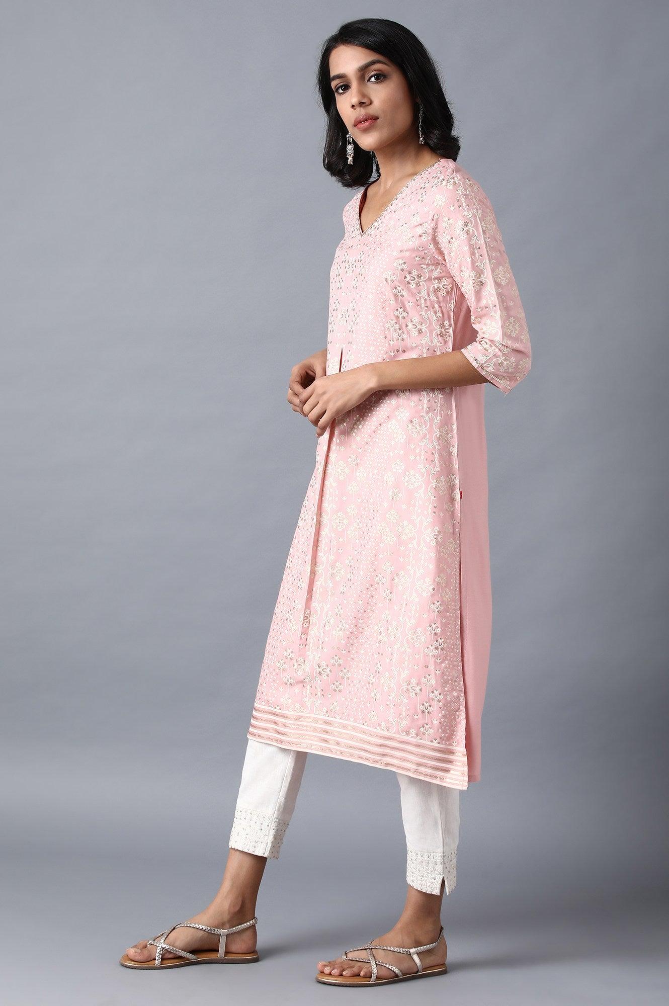 Pink V-Neck Printed Livaeco kurta - wforwoman