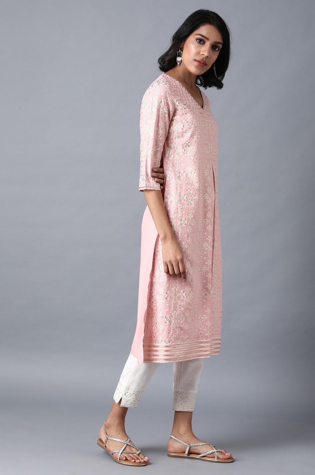 Pink V-Neck Printed Livaeco kurta - wforwoman