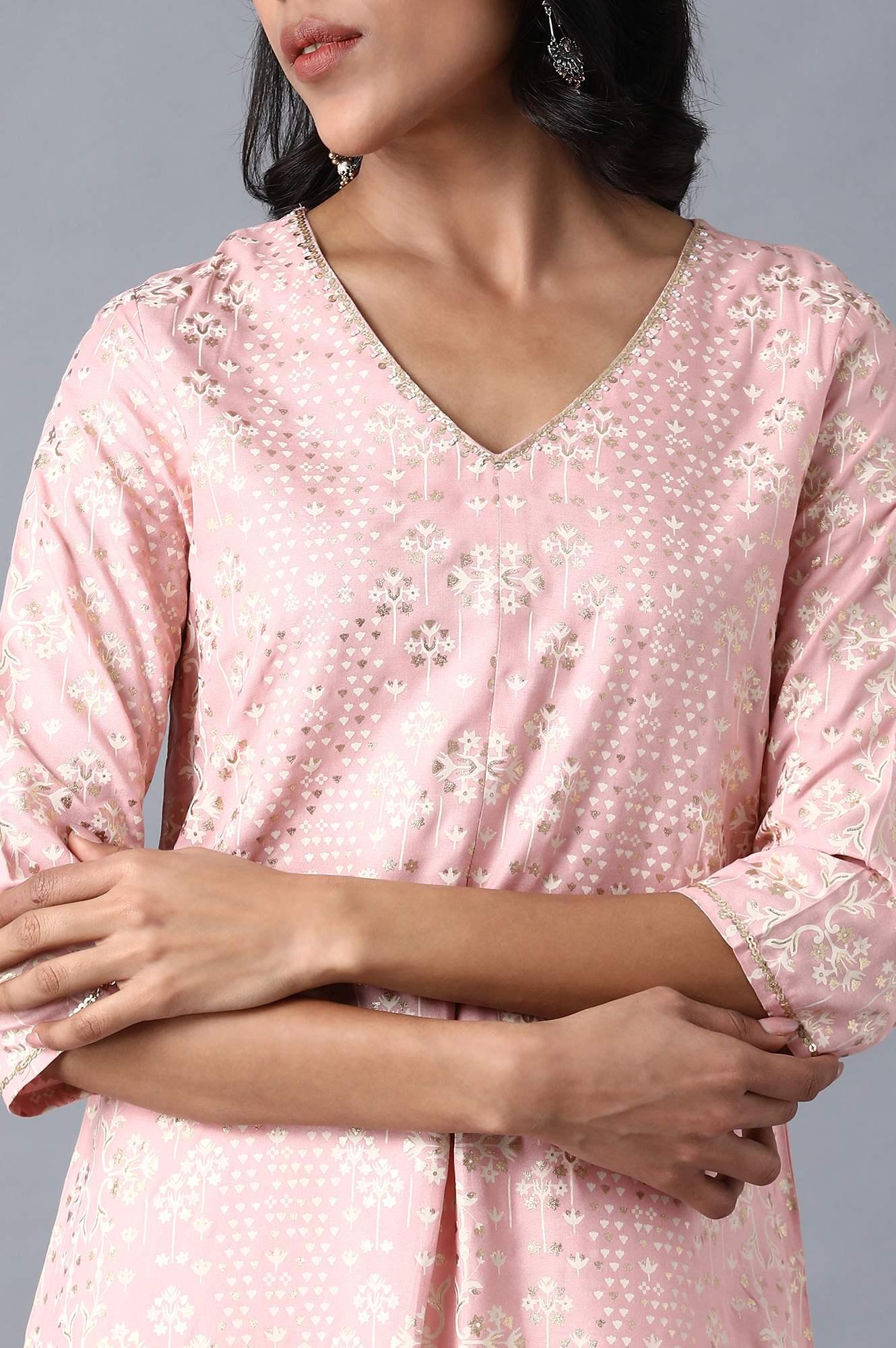 Pink V-Neck Printed Livaeco kurta - wforwoman