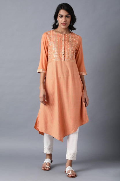 Orange Round Neck Printed Livaeco kurta - wforwoman