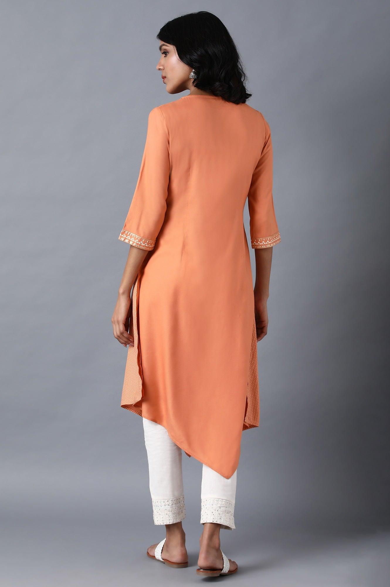 Orange Round Neck Printed Livaeco kurta - wforwoman