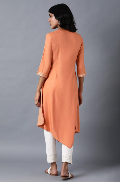 Orange Round Neck Printed Livaeco kurta - wforwoman