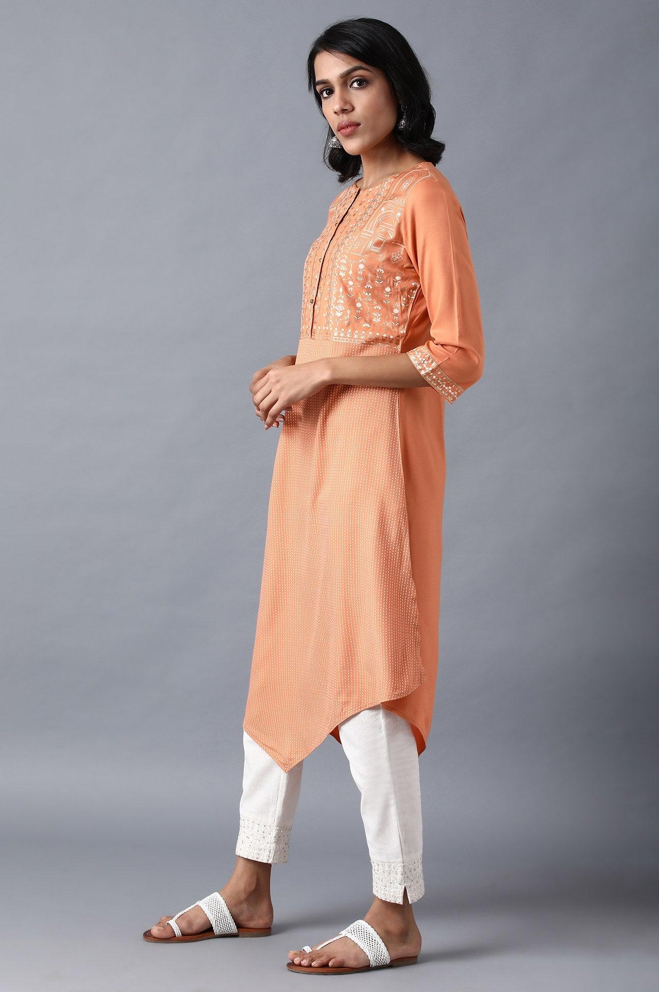 Orange Round Neck Printed Livaeco kurta - wforwoman