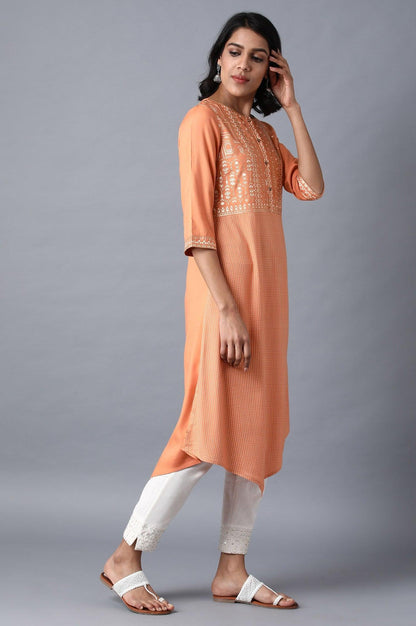 Orange Round Neck Printed Livaeco kurta - wforwoman