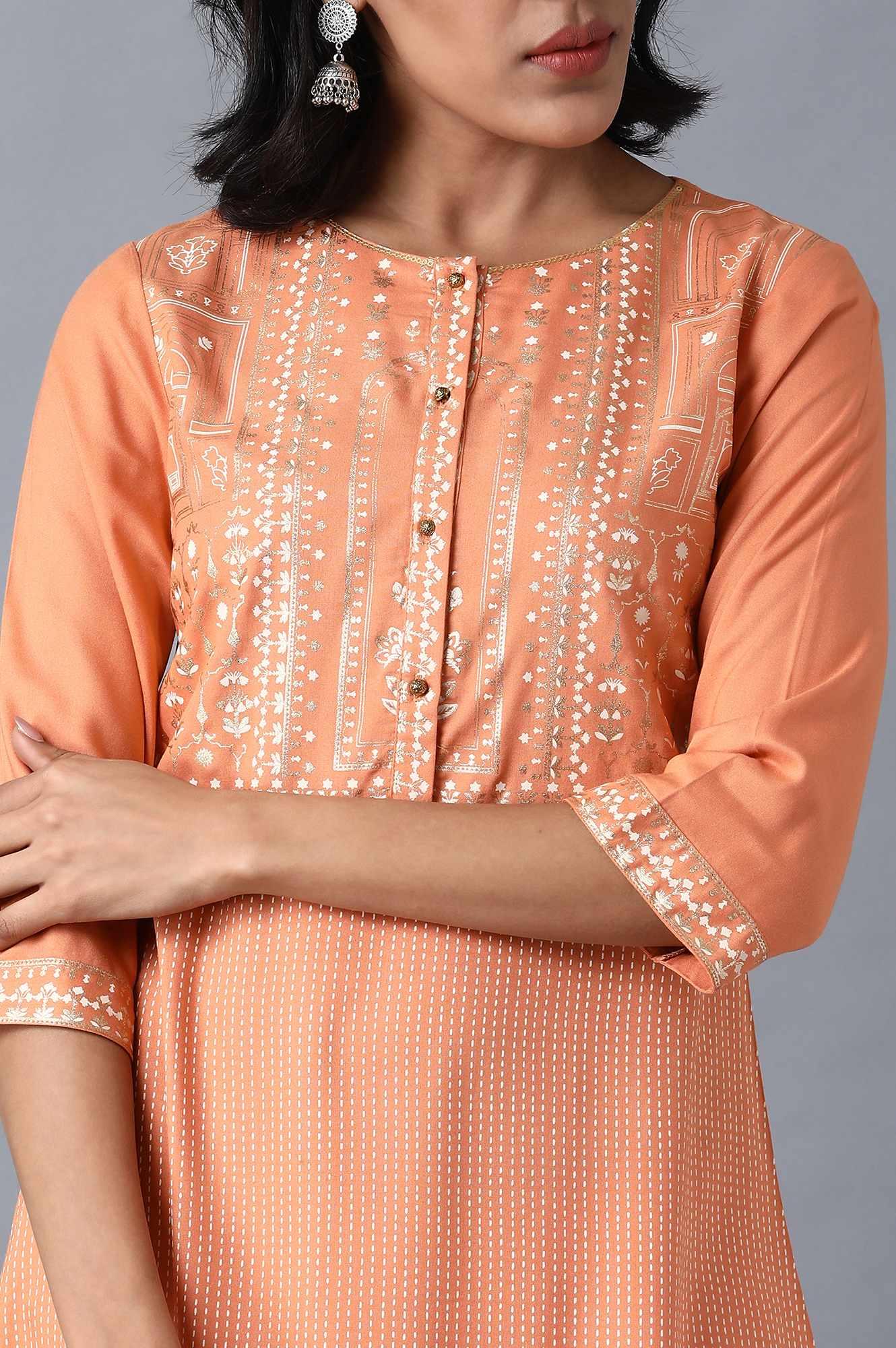 Orange Round Neck Printed Livaeco kurta - wforwoman