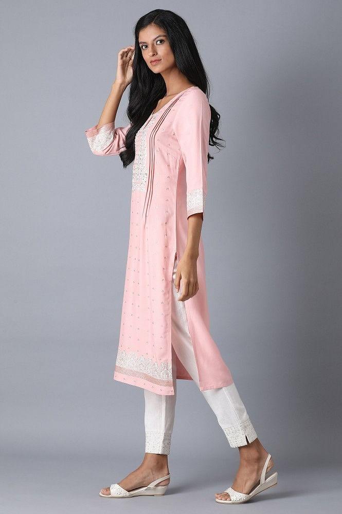 Blush Pink Embroidered Straight kurta - wforwoman