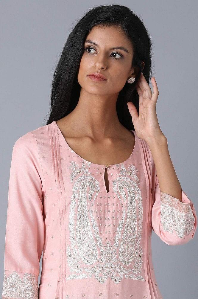 Blush Pink Embroidered Straight kurta - wforwoman