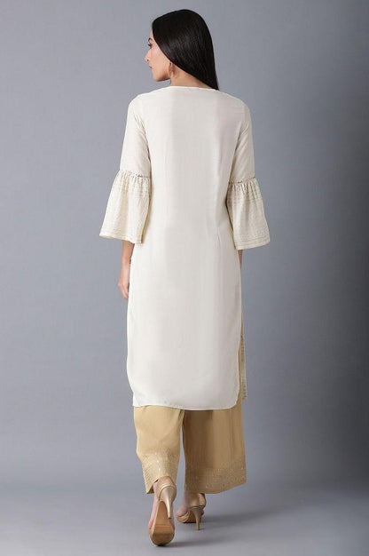 Ecru Round Neck Printed kurta - wforwoman