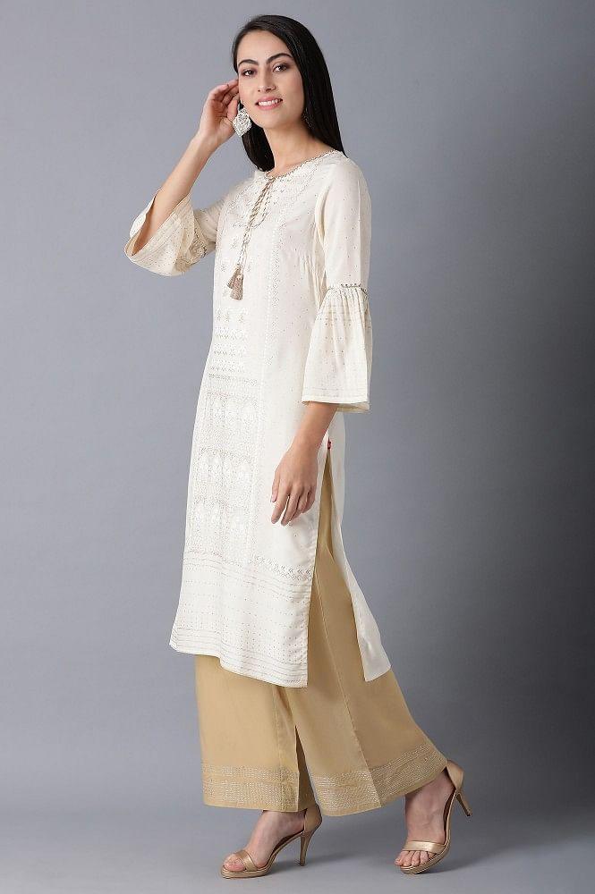 Ecru Round Neck Printed kurta - wforwoman