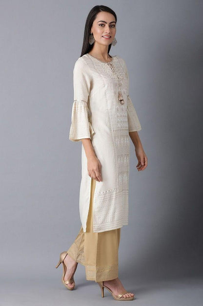 Ecru Round Neck Printed kurta - wforwoman