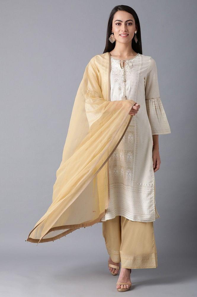 Ecru Round Neck Printed kurta - wforwoman