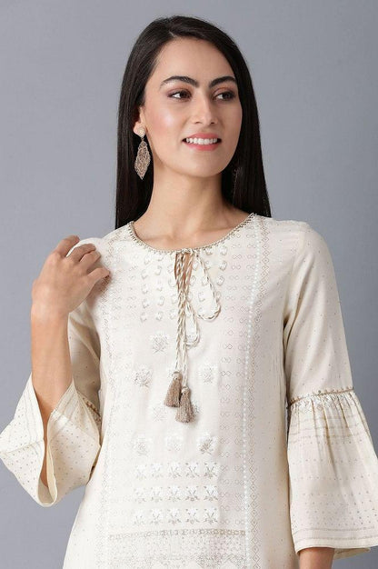 Ecru Round Neck Printed kurta - wforwoman