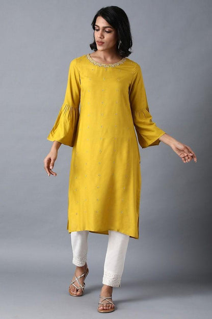 Yellow Round Neck Embellished kurta - wforwoman