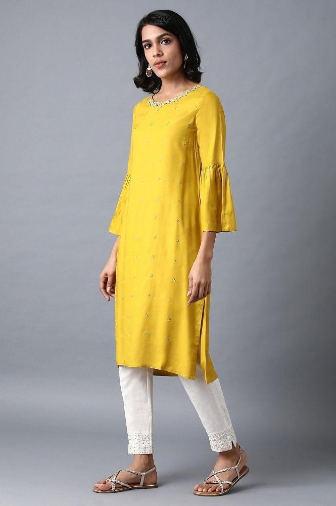 Yellow Round Neck Embellished kurta - wforwoman
