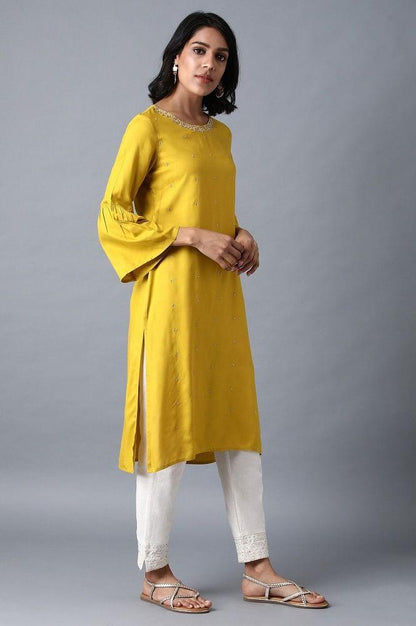 Yellow Round Neck Embellished kurta - wforwoman
