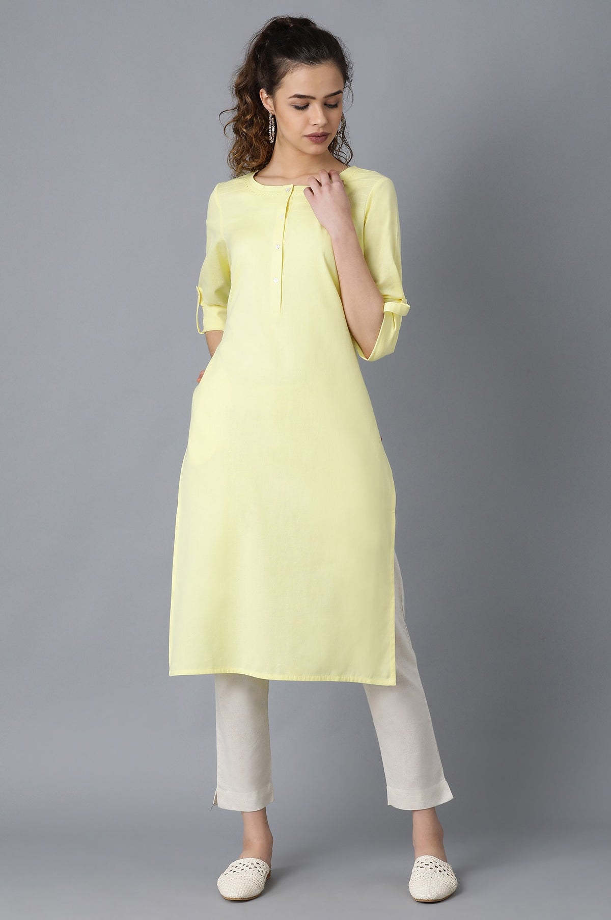 Yellow Round Neck Solid kurta - XS