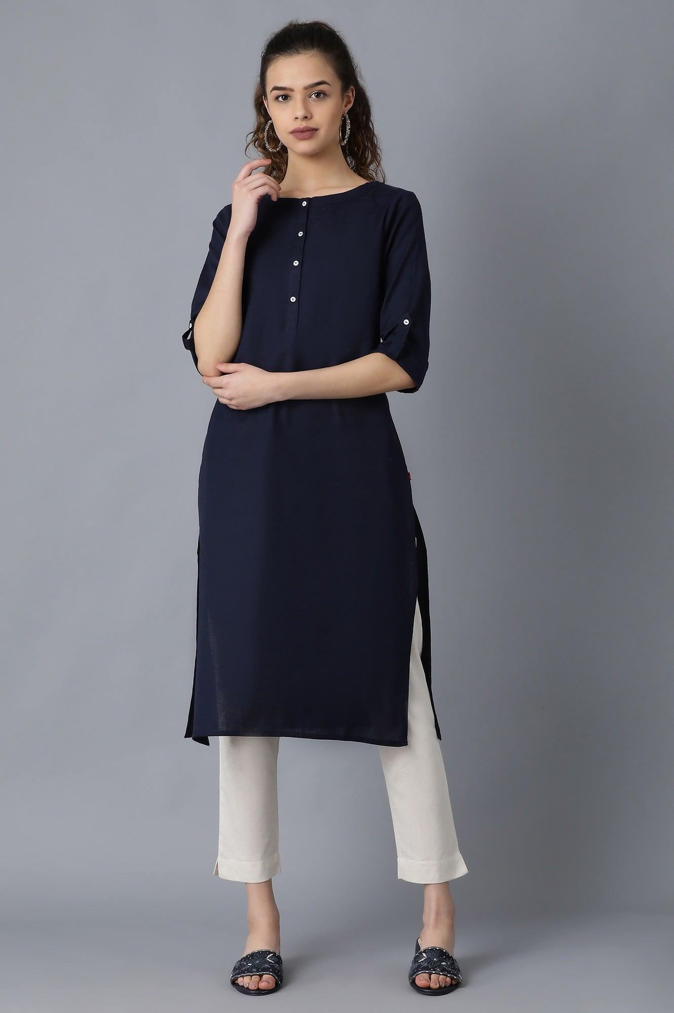 Navy Blue Round Neck Solid kurta - wforwoman