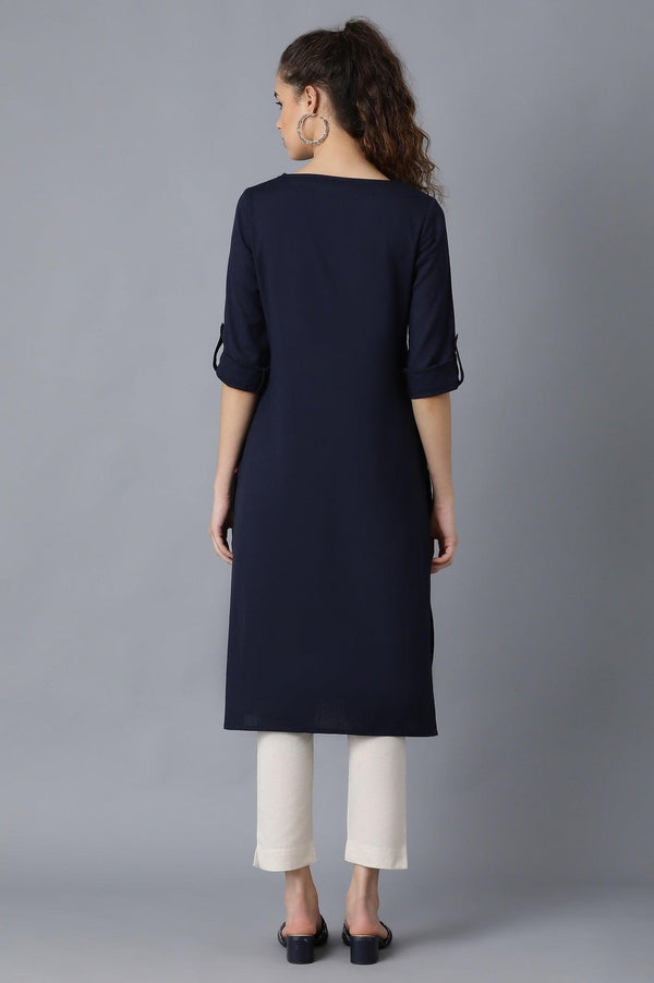 Navy Blue Solid Straight Kurta