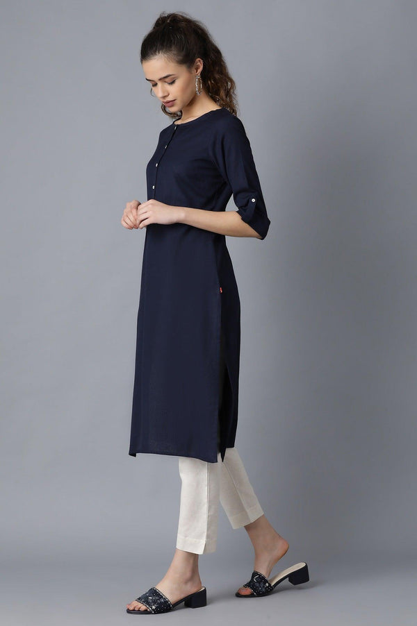 Navy Blue Solid Straight Kurta