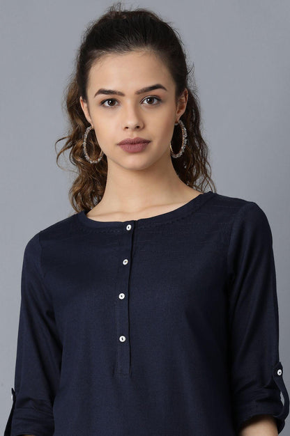 Navy Blue Round Neck Solid kurta - wforwoman