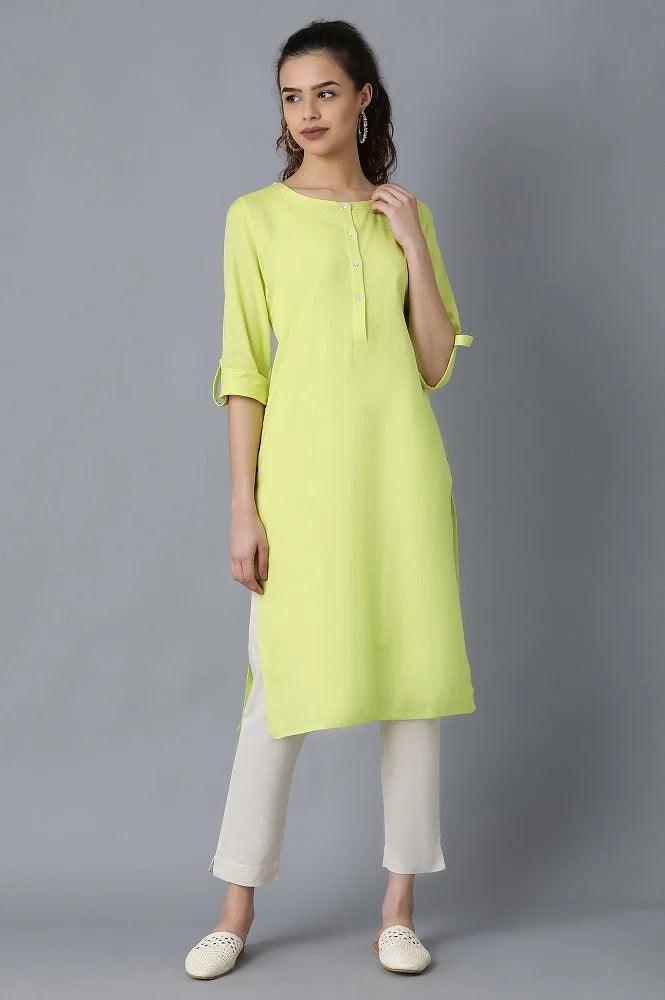 Yellow Round Neck Solid kurta - wforwoman