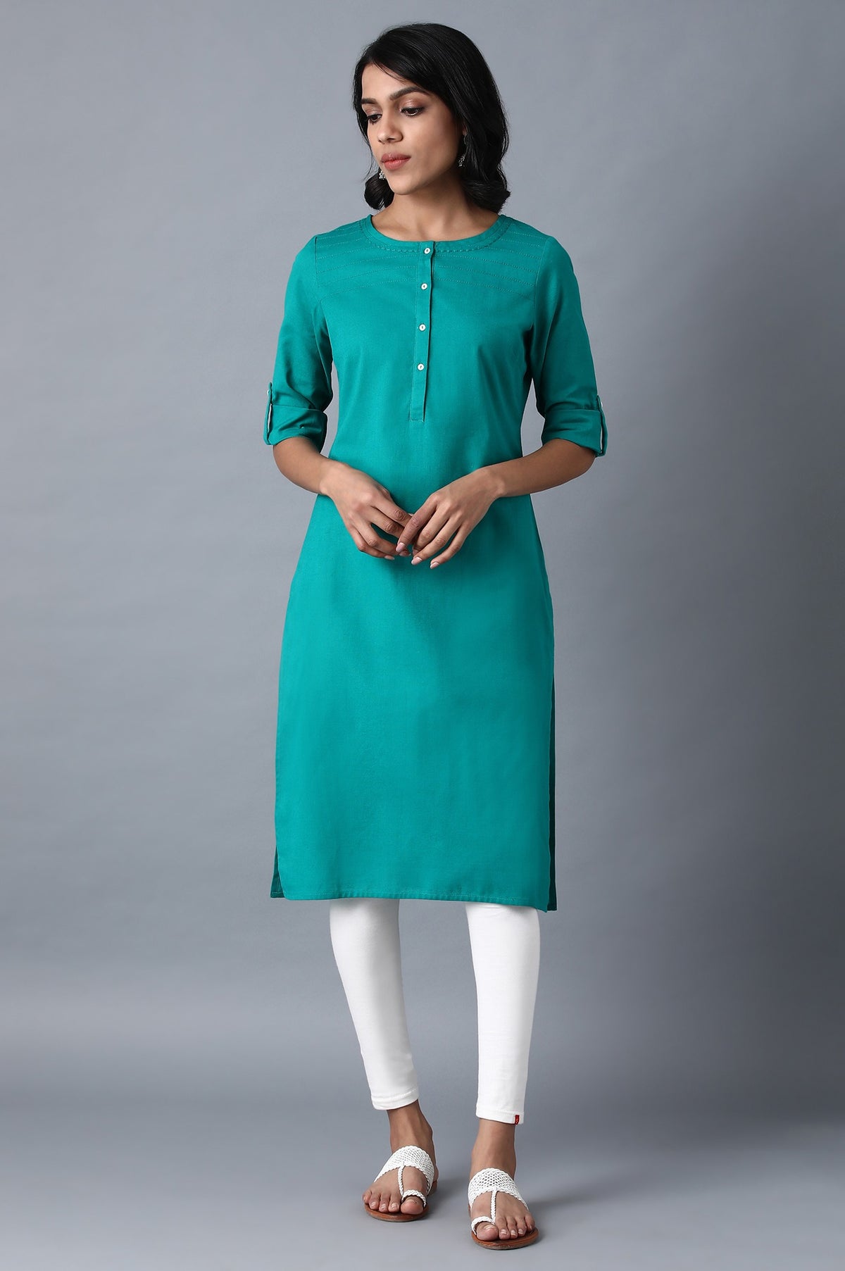Green Round Neck Solid kurta - XS