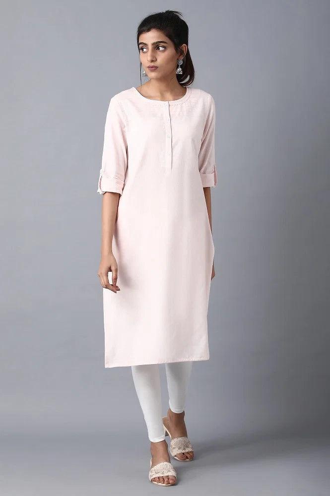 Pink Round Neck Solid kurta - XS