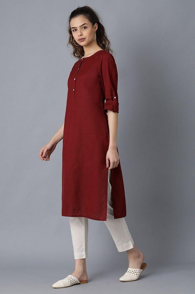 Maroon Round Neck Solid kurta - wforwoman
